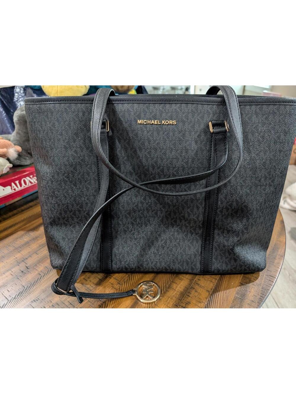 Michael Kors Voyager Medium Logo Tote Bag Black Signature Print